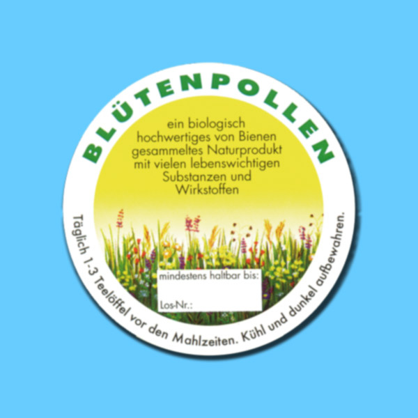 Das Blütenpollen-Etikett „Blumenwiese“ kommt im praktischen Set mit 100 selbstklebenden Etiketten. Mit einem Durchmesser von 7 cm und einem MHD-Feld eignet sich dieses Etikett perfekt für die Kennzeichnung Ihrer Honig- oder Pollenprodukte.
