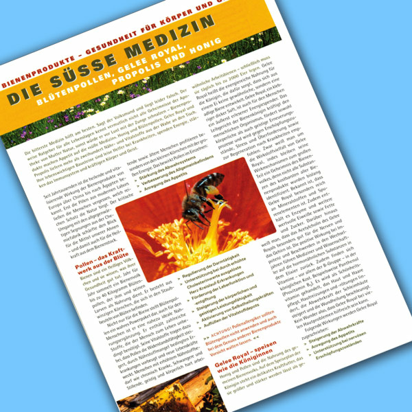 Der Flyer „Die süße Medizin“ im DIN A4-Format informiert auf anschauliche Weise über die gesundheitlichen Vorteile von Pollen, Propolis, Gelée Royale und Honig. Ideal für Imker, die ihre Kunden über die wertvollen Inhaltsstoffe und Anwendungsmöglichkeiten aufklären möchten.