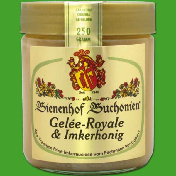 Gelee-Royale im Imkerhonig bietet eine einzigartige Mischung aus den wertvollen Bestandteilen des Gelee-Royales und der Süße des Honigs. In einem praktischen 250 g-Glas ist es die ideale Wahl für eine natürliche Energiequelle.