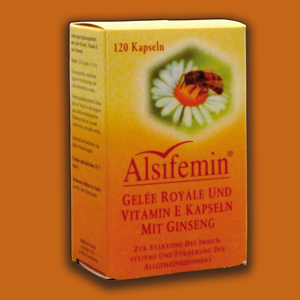 ALSIFEMIN Gelée-Royale-Kapseln enthalten eine wertvolle Mischung aus Gelée-Royale, Vitamin E und Ginseng und sind ideal für Frauen, die ihre Gesundheit auf natürliche Weise unterstützen möchten.