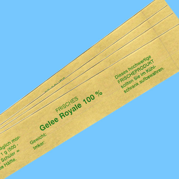 Die goldenen Etiketten für Gelée-Royale sind ein schönes Detail für Imker, die ihre Produkte stilvoll präsentieren möchten. Sie sind mit grünem Druck versehen und bieten eine elegante Verpackungslösung.