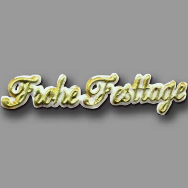 Der Schriftzug „Frohe Festtage“ in Gold ist eine elegante Kerzenverzierung für die Weihnachtszeit. Packung mit 40 Stück.