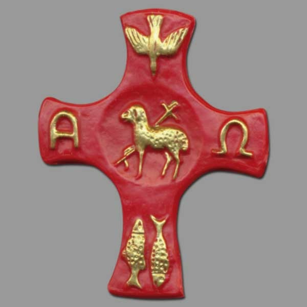 Kerzenverzierung "Kreuz mit Symbolen " rot/gold   5 Stck