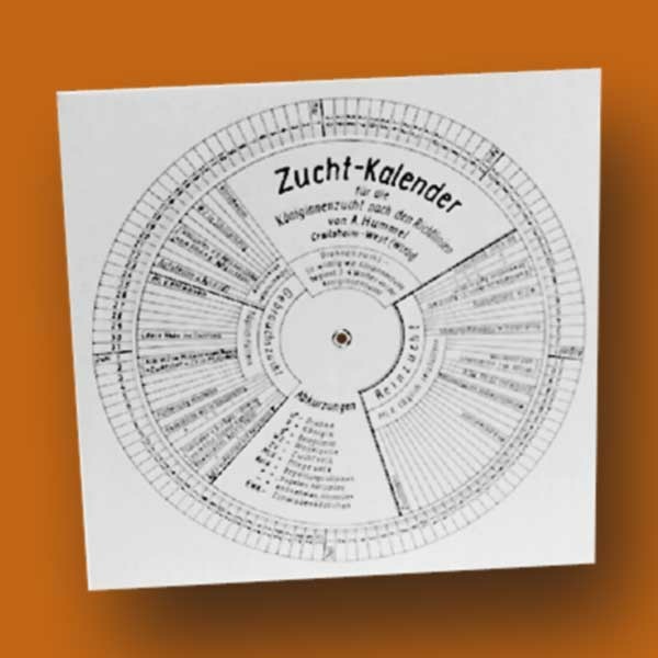 Der Zuchtkalender mit Drehscheibe ist ein praktisches Hilfsmittel zur Planung und Dokumentation von Zuchtaktivitäten. Mit der Drehscheibe lassen sich die Zuchtzeiten und die Entwicklung der Bienen im Jahresverlauf übersichtlich festhalten.