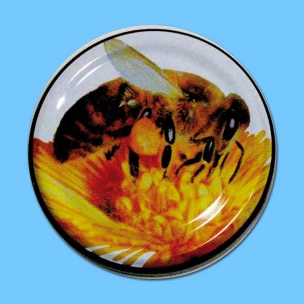 Der TO-Deckel für 250 g Honigglas (66 mm Ø) zeigt das Motiv „Biene auf Blüte“. Der goldene Deckel passt perfekt zu den kleineren Honiggläsern und verleiht diesen ein ansprechendes, naturverbundenes Aussehen.