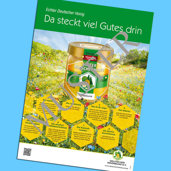 Das DIB-Poster Verbraucheraufklärung: Da steckt viel Gutes drin im DIN A2 Format informiert die Öffentlichkeit über die gesundheitlichen Vorteile von Honig. Dieses Plakat eignet sich ideal für Verkaufsstände oder Imkereibetriebe, die ihre Kunden aufklären möchten.