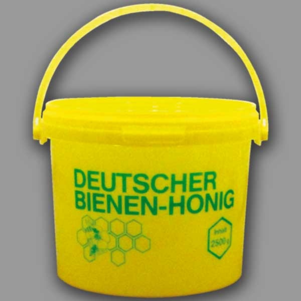 2,5-kg-Honigeimer in Gelb mit grünem Aufdruck „Reiner Bienen-Honig“ und passendem Deckel. Praktisch und stabil – die ideale Lösung für die Honiglagerung in größeren Mengen.