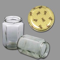 Neutrales 1000 g - Honigglas, sechseckig, mit TO-Deckel -gold mit Wabenmuster + Bienchen-, 82 mm Ø