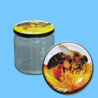 Neutrales Honigglas 500 g, rund, mit TO-Deckel -Biene auf Blüte-, 82 mm Ø