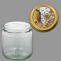 Neutrales Honigglas 500 g, rund, mit TO-Deckel -gold/weiß mit Bienenkorb, Blumen, Bienen-, 82 mm Ø