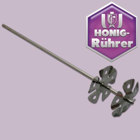 „Apicremus“-Honigrührer aus Edelstahl mit zwei festen, gegenläufigen Flügeln und zusätzlichen Öffnungen. Für besonders homogene Rühreffekte.