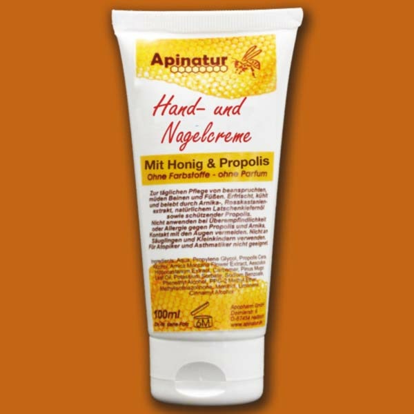 Die Hand- und Nagelcreme mit Honig und Propolis pflegt intensiv, schützt vor Austrocknung und zieht schnell ein. Für geschmeidige Hände und gesunde Nägel.