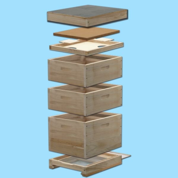 Die MCB-Beute-Dadant-Blatt besteht aus einem Brutraum für 10 Blatt-Rähmchen und zwei Honigzargen. Der stabile Holzbau mit Dämmplatte und Edelstahl-Lüftung sorgt für ideale Bedingungen. Maße: 50,9 x 42,6 cm, Höhe: 83 cm.