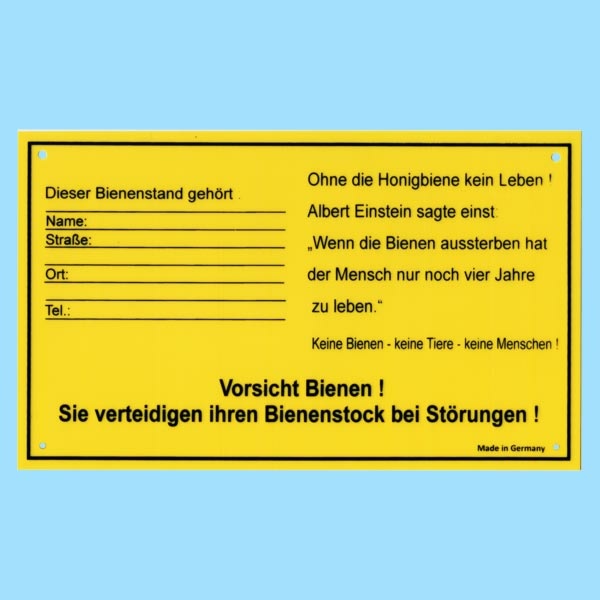 Das Warn- und Infoschild Dieser Bienenstand gehört ... ist aus 1 mm PVC gefertigt und mit lichtfestem schwarzen Druck versehen. Es hat eine Größe von 30 x 20 cm und eignet sich hervorragend zur Kennzeichnung von Bienenständen für mehr Sicherheit.