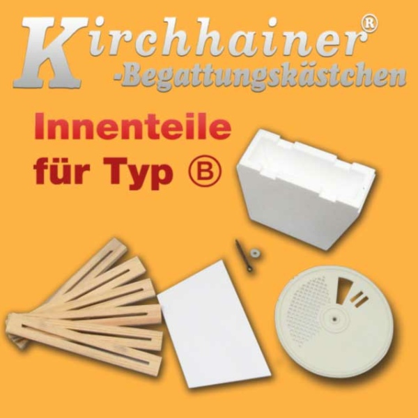 Der Komplettsatz Innenteile (B) für das KIRCHHAINER®-Begattungskästchen enthält eine Rundscheibe mit Splint und Unterlegscheibe, Futterschied, Futterbecher und Auflegeleisten. Diese Komponenten bieten alles, was für eine effiziente Zucht von Bienenköniginnen erforderlich ist.