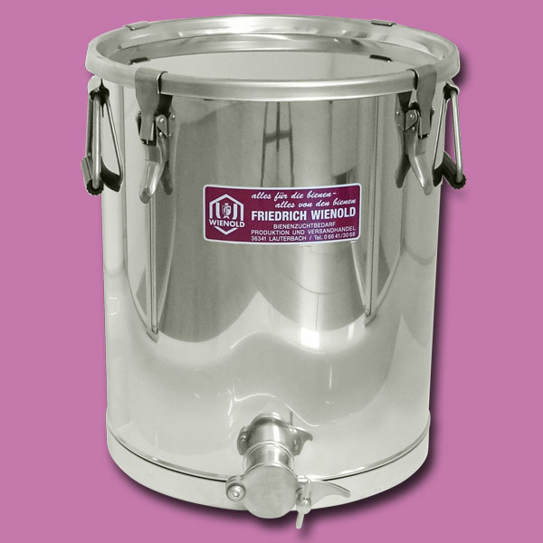 Der 35-kg-Abfüll- und Siebkübel mit Spannverschlussdeckel aus Edelstahl bietet praktische Lösungen wie einen bodengleichen Quetschhahn. Perfekt für Imker*innen, die Wert auf Präzision und Hygiene legen.