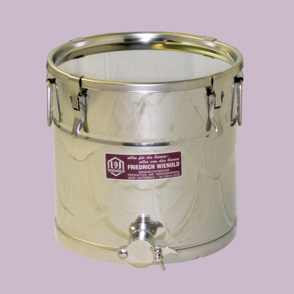 Der 25-kg-Abfüllkübel mit Spannverschlussdeckel aus Edelstahl und Silikondichtung bietet maximale Dichtigkeit und Benutzerfreundlichkeit – ideal für kleinere bis mittlere Imkereien.