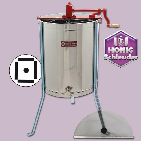 Die 4-Waben-Honigschleuder STANDARD mit geteilter Mittelachse und robustem Nirosta-Material ist ein Meisterstück der Honigverarbeitung. Ideal für größere Imkereien, die Wert auf Langlebigkeit legen.