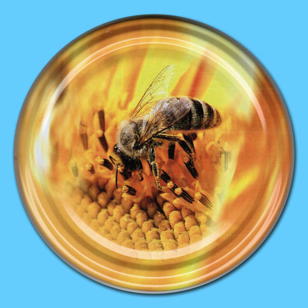 Dieser TO-Deckel für 500g-Gläser mit einem Durchmesser von 82 mm zeigt eine detailreiche Darstellung einer Biene auf einer Sonnenblume. Er verleiht Ihrem Honigglas eine besondere, florale Note und hebt sich durch das kunstvolle Design hervor.