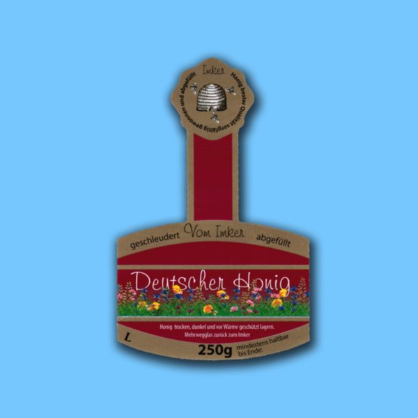 Die selbstklebenden Steg-Etiketten Deutscher Honig in rot für 250g Gläser bieten eine auffällige und elegante Möglichkeit, kleine Honiggläser zu kennzeichnen. Mit 100 Etiketten pro Packung sind sie ideal für Imker*innen, die ihre Produkte mit einem klaren und markanten Design präsentieren möchten.