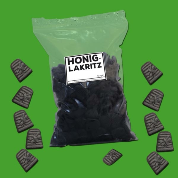 Honig-Lakritz in Bienenkorbform (1 kg-Pckg.). Eine würzige Süßigkeit mit feinem Honiggeschmack, ideal für besondere Genussmomente.