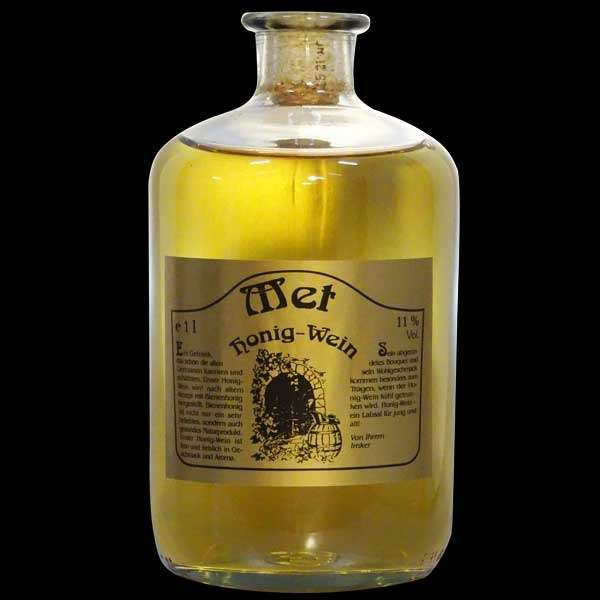 Honigwein Met in der Apothekerflasche (1 l). Ein traditionelles Getränk mit feinem Honigaroma und 11% vol. – ideal für besondere Anlässe.