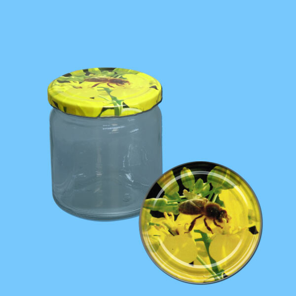 Neutrales Honigglas 500 g, rund, mit TO-Metall-Deckel -Biene auf Rapsblüte-, 82 mm Ø