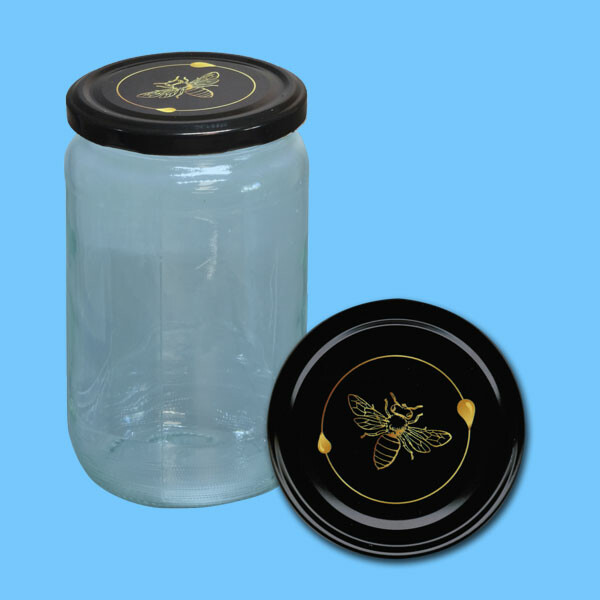 Neutrales 1000g - Honigglas, rund, mit TO-Deckel -Biene in gold mit Ring und Tropfen auf schwarzem Untergrund-, 82 mm Ø