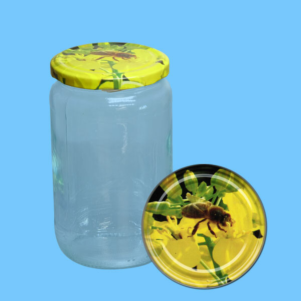 Neutrales 1000g - Honigglas, rund, mit TO-Deckel -Biene auf Rapsblüte-, 82 mm Ø