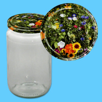 Das 1000 g Honigglas zeigt eine bunte Blumenwiese auf dem...