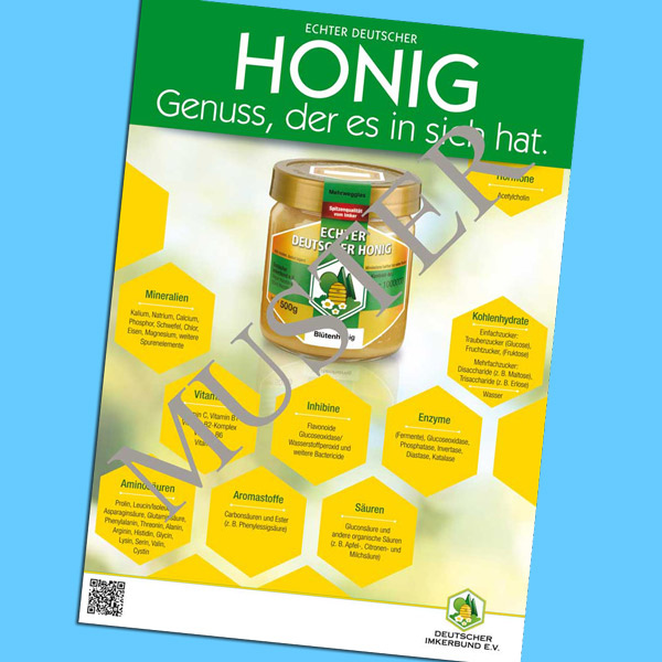 Das DIB-Plakat Honig – Genuss, der es in sich hat (29,7 x 42 cm) ist ein effektives Werbemittel, um auf die Besonderheit und Qualität von Honig aufmerksam zu machen. Perfekt für Imker*innen, die ihre Produkte ansprechend präsentieren und potenzielle Kunden ansprechen möchten.