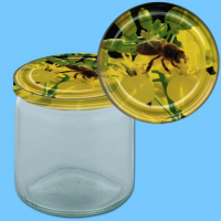 Dieses 500 g Honigglas im runden Design ist mit einem...
