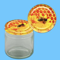 Das 250 g Honigglas im runden Design mit einem...