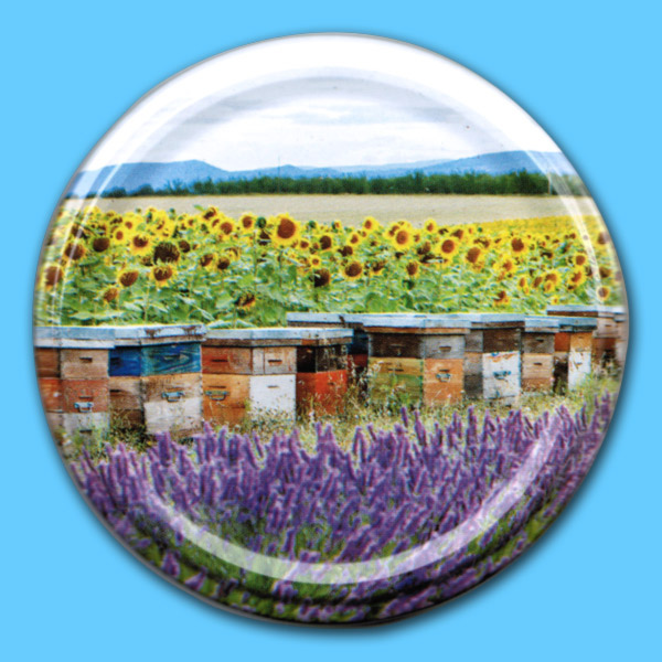 Der TO-Deckel für 500 g-Glas mit bunten Bienenstöcken als Motiv bringt Farbe und Lebendigkeit in jede Honigverpackung. Der Deckel schützt den Honig und verleiht dem Glas einen frischen, modernen Look.
