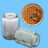 Neutrales 1000 g - Honigglas, sechseckig, mit TO-Deckel -Bienen auf Wabe- , 82 mm Ø