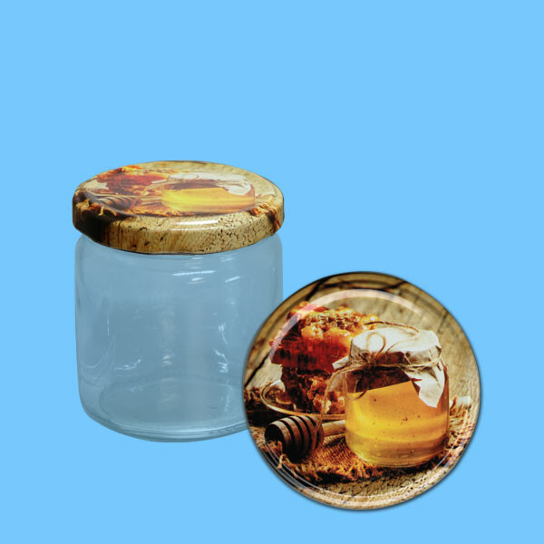 Neutrales Honigglas 500 g, rund, mit TO-Metall-Deckel -Glas mit Honig-, 82 mm Ø, je 600 Stck