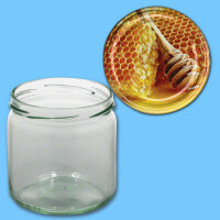 Neutrales Honigglas 500 g, rund, mit TO-Metall-Deckel -Honignehmer mit Wabe-, 82 mm Ø, je 600 Stck