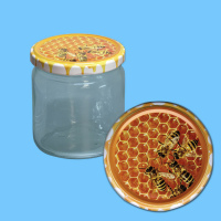 Neutrales Honigglas 500 g, rund, mit TO-Metall-Deckel --Bienen auf Wabe-, 82 mm Ø